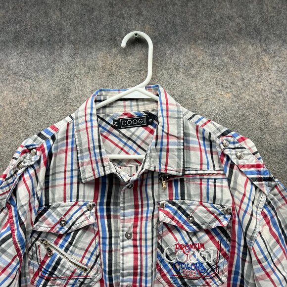 COOGI Shirt Mens 3XL White Red Plaid Button Down Embroidered Streetwear Y2K - Picture 7 of 11